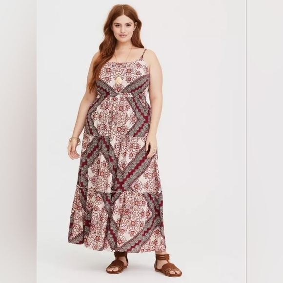 Torrid  Red Black Handkerchief Print Maxi Challis Tiered Dress 2X NWOT - Picture 1 of 16